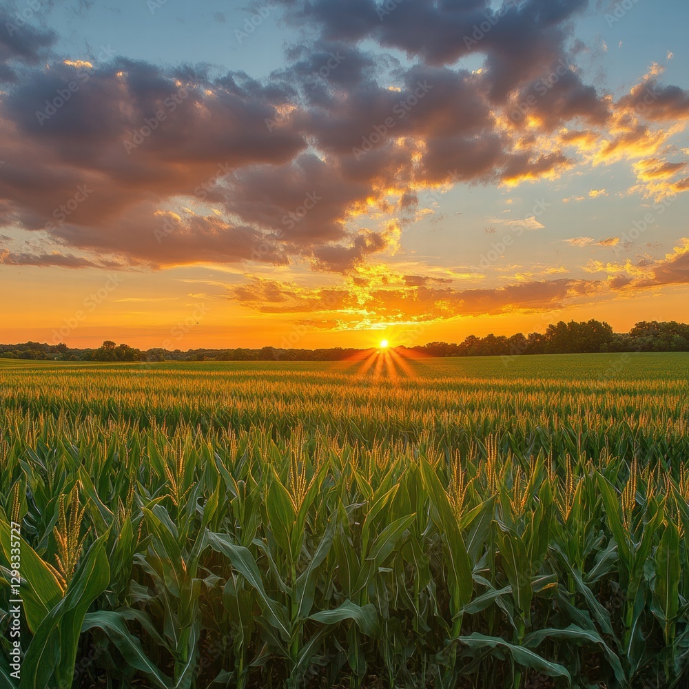 Poster majestic sunset over a lush cornfield with vibrant clouds in the sky and golden rays illuminating th
