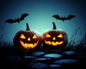 Jack-o'-lanterns, night, Halloween, bats, spooky