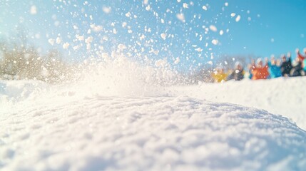 Snow splashes dramatically in sunlight, capturing playful winter