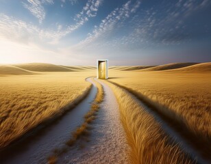 A vast open field with two trails: one smooth and straight, the other narrow and winding, leading to a golden door.
