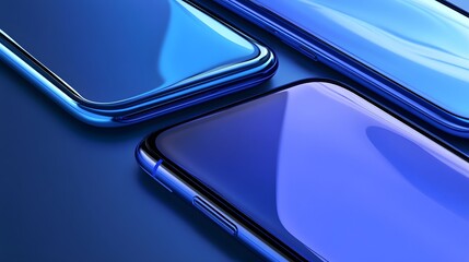 Three blue smartphones are arranged on a smooth reflective surface