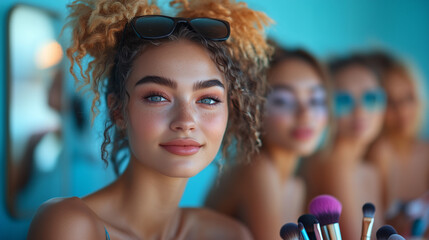 Fototapeta premium Joyful Young Woman with Curl Locks Holding Makeup Brushes in Fashionable Setting. Vibrant Makeup Skills 