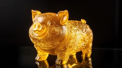 Elegant Golden Pig Figurine with Intricate Designs on Black Background