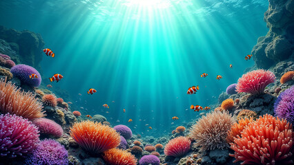 Obraz premium Vibrant coral reef thriving with colorful marine life under sunlight in tropical waters