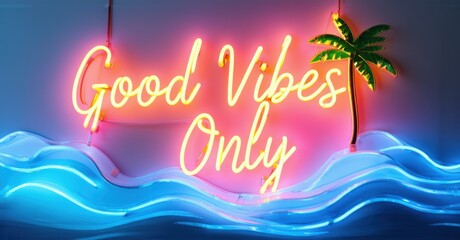 Neon sign good vibes only glowing palm tree tropical sunset hues smooth electric waves background bright colorful realistic photo