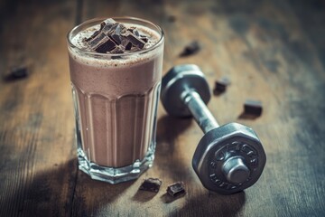 Chocolate Protein Shake with Dumbbell on Wooden Table