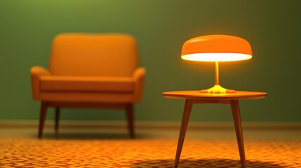 Fototapeta premium Cozy room featuring warm lighting, stylish lamp, and retro armch