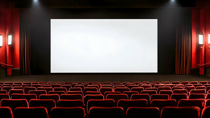 Obraz premium Empty Red Theater Seats Facing Blank White Screen Lit By Stage Lights