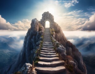 A mountain peak with a difficult, steep path carved into the rock, ending in a heavenly gate at the summit.