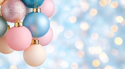 Pastel Christmas ornaments, hanging, bokeh background, festive holiday card