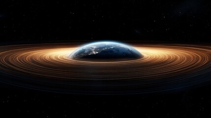 A detailed view of Earth in space encircled by glowing digital grids and light trails 