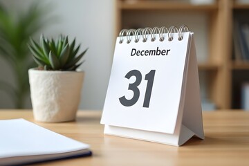 A calendar page flipping to December 31 , set in a cozy desk scene.