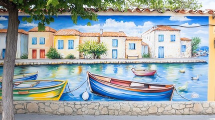 Obraz premium Vibrant mural depicting waterfront village scene, boats moored along canal