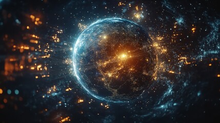 Obraz premium A dynamic cosmic image of Earth with interconnected glowing nodes circling it 