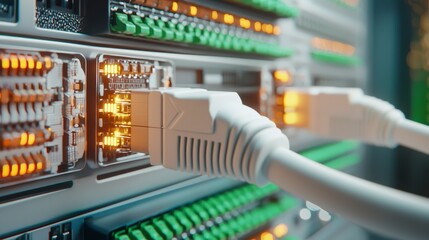 Explore the intricate world of data centers with a close-up view of network cables connecting servers, symbolizing the backbone of the internet and modern communication This image highlights the