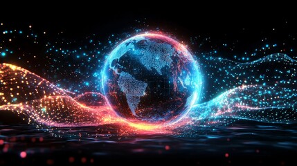 A futuristic Earth with holographic patterns and glowing energy waves around it 