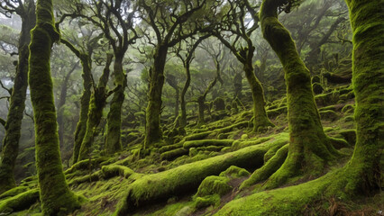 Obraz premium A lush green forest with moss growing on the trees and the ground