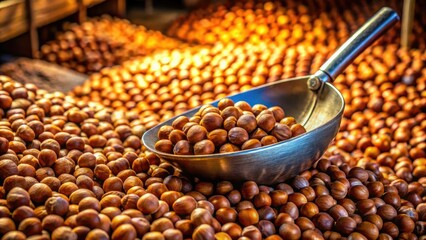 Fototapeta premium Dreamy hazelnut harvest: a grocery store's metal scoop scoops surreal abundance.