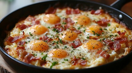Pan-fried eggs with bacon and mashed potatoes