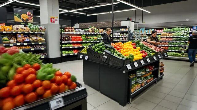 Supermarket Vegetable Display. Fresh produce section in grocery store, customers in background. Healthy food shopping, consumerism concept. Retail, lifestyle themes