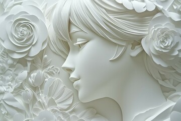 White Paper Art Sculpture of Female Profile with Flowers.