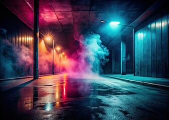 Empty dark alley, vintage neon signs cast shadows on concrete and asphalt, smoke hangs heavy, a lone spotlight cuts through.