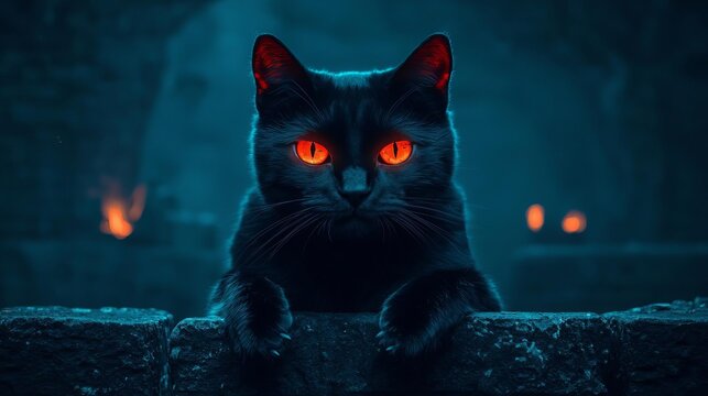 A mysterious black cat with glowing orange eyes in a dark, atmospheric environment.