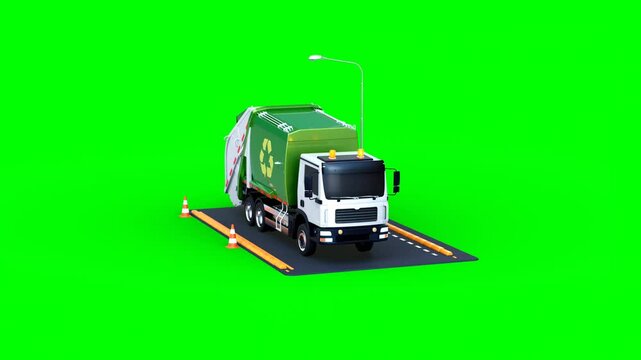 3D Animated Garbage Truck Driving on Urban Road With Big Green Dumpster Garbage Bin With Green Screen.