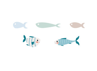Set of Fish Vector Illustrations. Two Detailed and Three Simple Background Fish