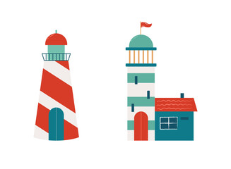 Set of Two Striped Lighthouses. Bright Vector Illustration with Simple Shapes on White Background