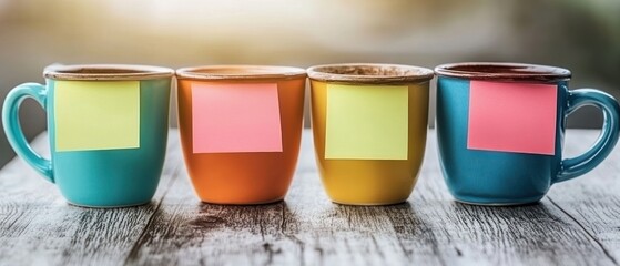 Four colorful mugs with sticky notes on a wooden table