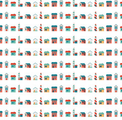 Seamless pattern with cute little houses. Childish scandinavian print. Vector hand drawn illustration. Vector. Wight background. Pattern for wallpaper, packaging, children's items. 
