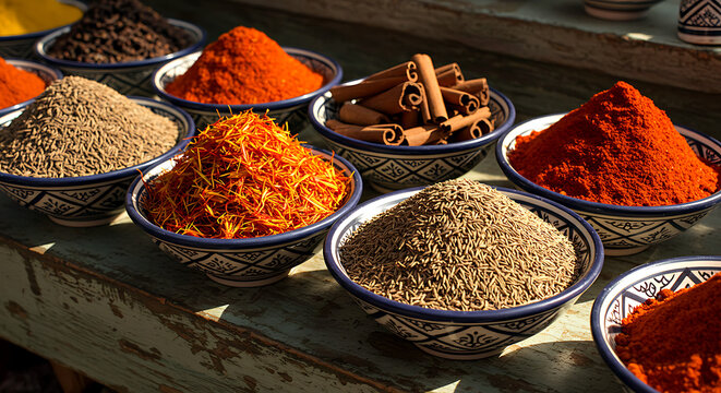 Moroccan spices, saffron, cinnamon, paprika, and cumin