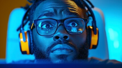 Intense Gamer Focus Capturing the Electric Excitement of a Nighttime Gaming Session, Featuring a Young Man Immersed in a Virtual World, His Eyes Wide with Concentration and Anticipation, Lit by the