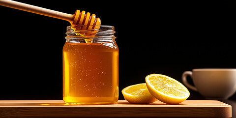 Golden honey dripping from dipper in jar, warm colors, natural sweetness