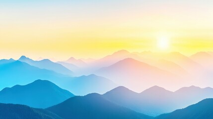 Fototapeta premium Serene Mountain Sunrise: The sun rises over a majestic mountain range. Gentle hues of blue and yellow blend in a scene of breathtaking beauty. This visual spectacle embodies the grandeur of nature.