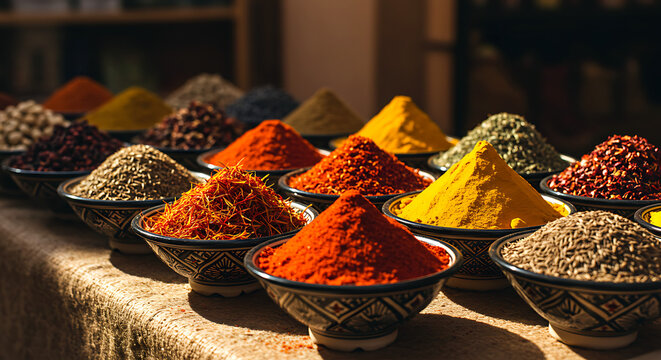 Moroccan spices, saffron, cinnamon, paprika, and cumin
