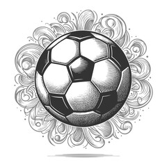 Obraz premium soccer ball with an ornate swirling decorative background design sketch engraving generative ai fictional character vector illustration. Scratch board imitation. Black and white image.
