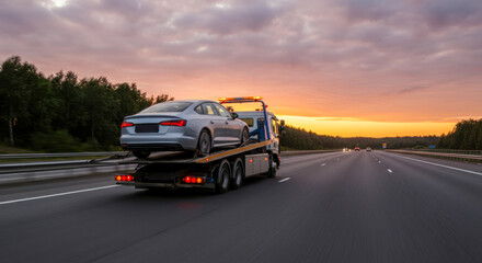 Fototapeta premium Towing a damaged car on a flatbed truck during sunset on a highway