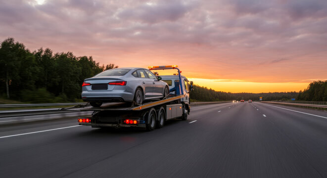 Towing a damaged car on a flatbed truck during sunset on a highway