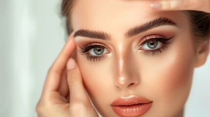 Fototapeta premium A woman with long eyelashes and a peachy-toned makeup look stares intensely at the camera.
