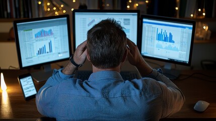 Overwhelmed Analyst at Computer Explore the stress and challenge of a data analyst facing multiple screens filled with complex charts and figures, feeling overworked, frustrated, and burned out