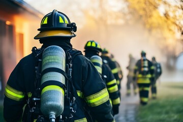 Obraz premium Firefighters Responding to Blaze with Equipment and Gear