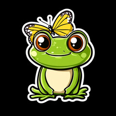 Fototapeta premium Adorable Frog with a Butterfly on Its Head: A Cute and Charming Scene of Nature's Playfulness Captured in a Delightful Moment of Harmony and Innocence