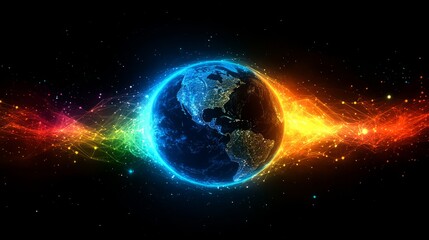 A vibrant Earth with rotating, glowing lines and digital nodes orbiting in space 