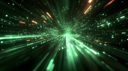 Abstract green tunnel with orange accents and starlike patterns