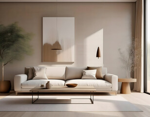 A simple living room with clean lines and neutral colors