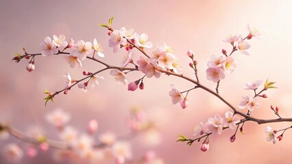 Fototapeta premium Delicate Pink Blossoms on a Branch, Illuminated by Soft Sunlight, a Symbol of Spring's Gentle Arrival