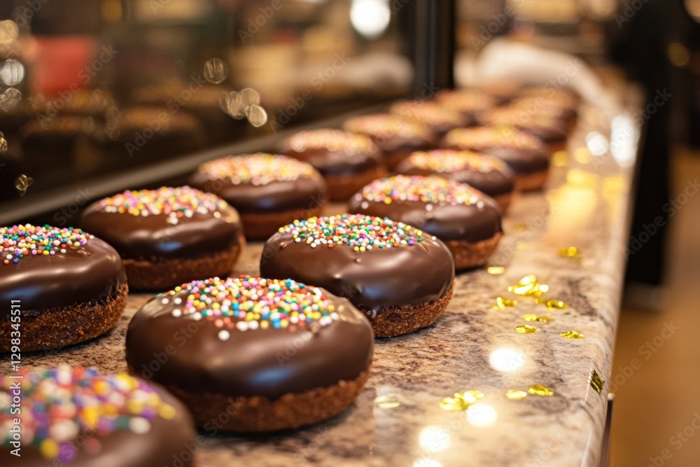 Poster chocolate frosted donuts with colorful sprinkles displayed in a bakery at a bustling location. gener