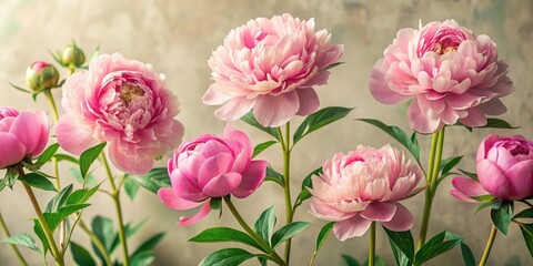 Obraz premium A Delicate Cluster of Pale Pink Peonies in Full Bloom, Displaying Their Exquisite Petals and Lush Green Foliage Against a Soft Neutral Background